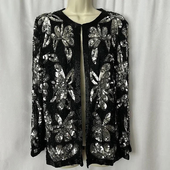 Sweelo Vtg Black/Silver Sequins Beaded Long Sleeve Silk Jacket Coat **Sz M**🌺🌺 - Picture 1 of 6